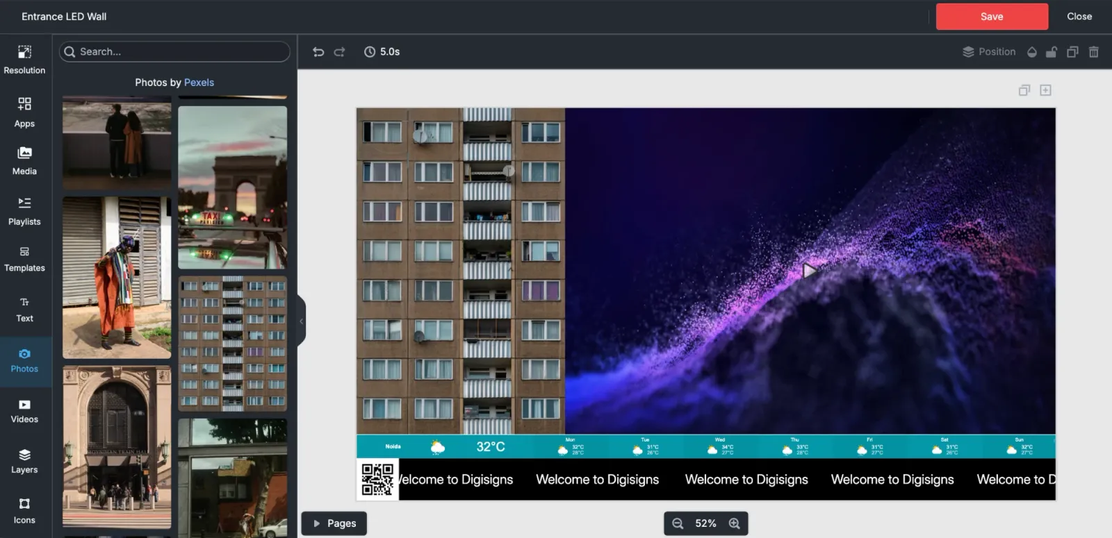 Studio layout editor with a split canvas mixing photo and video zones, a stock photo library, a live weather bar and a scrolling ticker